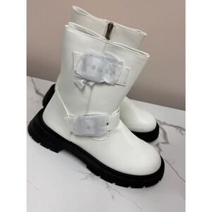Wild Diva Osaka-01 White Faux Leather Chunky Lug Sole Moto Boots Womens 10